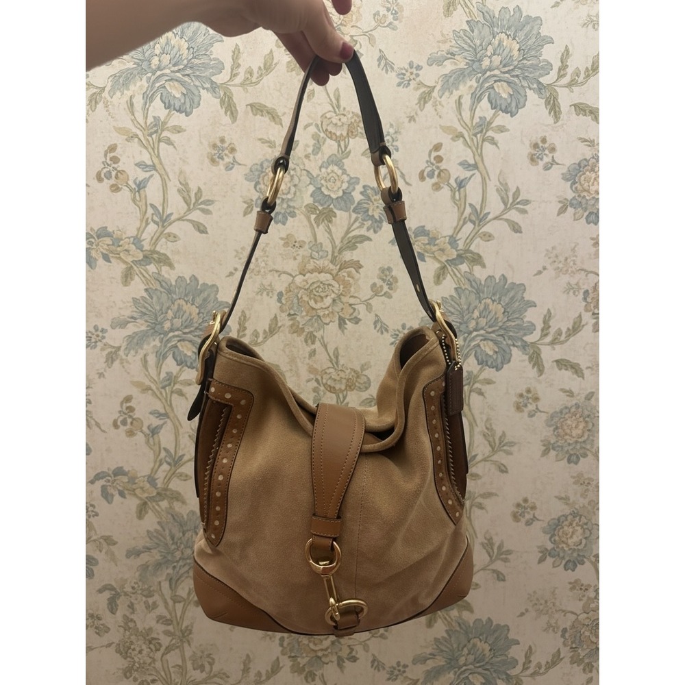 Coach Hamptons Suede Hobo Bag Womens Handbag OS Tan Leather Studded F10420